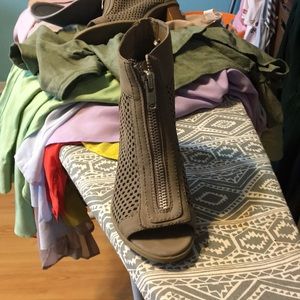 Taupe open toe zip up 3 inch bootie heels